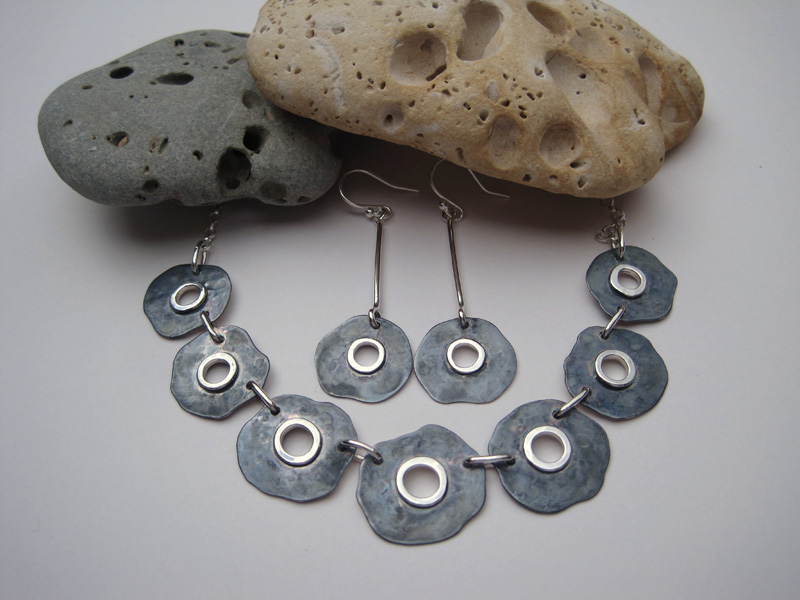 Seven Section Oxidised Silver Necklace and Earrings