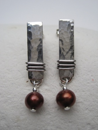 Hammered Silver Earrings with Oxidised Wire Detail and Freshwater Pearls