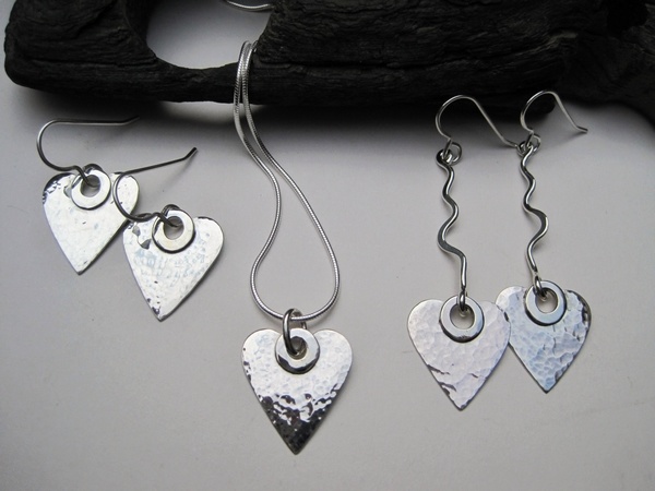 Hammered Silver Heart Pendant and Earrings