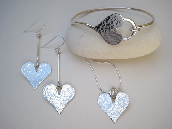 Hammered Silver Heart Pendant, Earrings and Bracelet