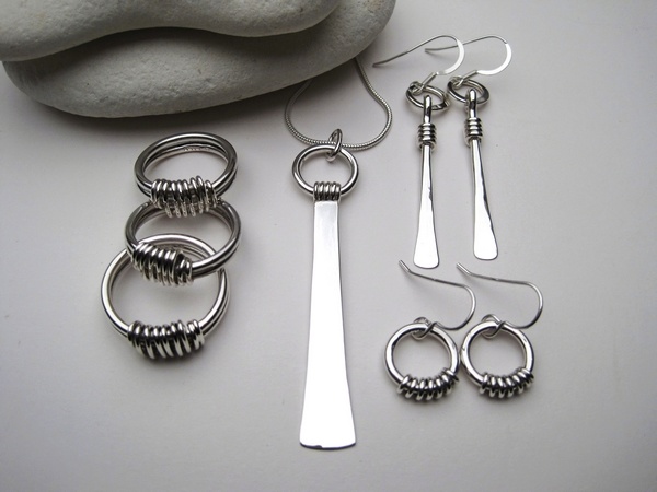 Silver Rings, Pendant and Earrings with Wire Detail